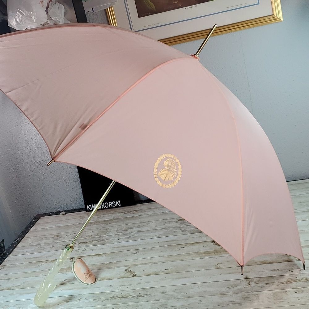 NEW NOS Vintage 60s Pink‎ and Gold White Shoulders Logo Advertising Umbrella
